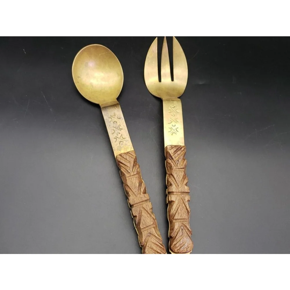 Vintage MCM Spoon & Fork Salad Servers Wood and Brass 11